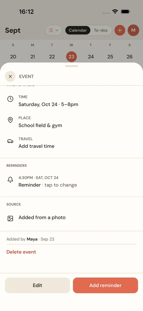 The Vela app: the Lincoln Elementary PTO Fall Festival, Saturday October 24, 5 to 8pm at the school field and gym, with a reminder at 4:30. Source: added from a photo, by Maya.