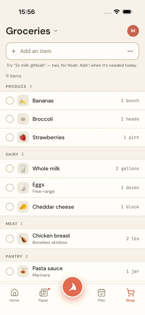The Vela app: the Groceries list in sections, with quantities — two gallons of whole milk, a dozen eggs, a bunch of bananas.
