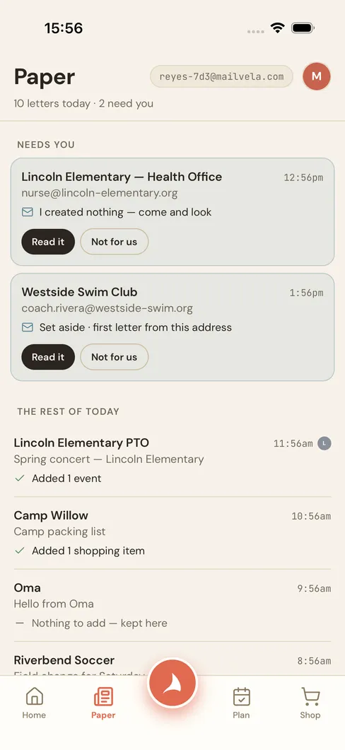 The Vela app: Paper, the family inbox at a @mailvela.com address, with what each letter became — the school's spring concert added as an event, a camp packing list added to shopping.